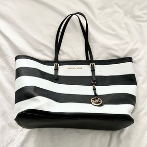 Michael Kors Black/White Stripe Saffiano Leather Jet Set Tote